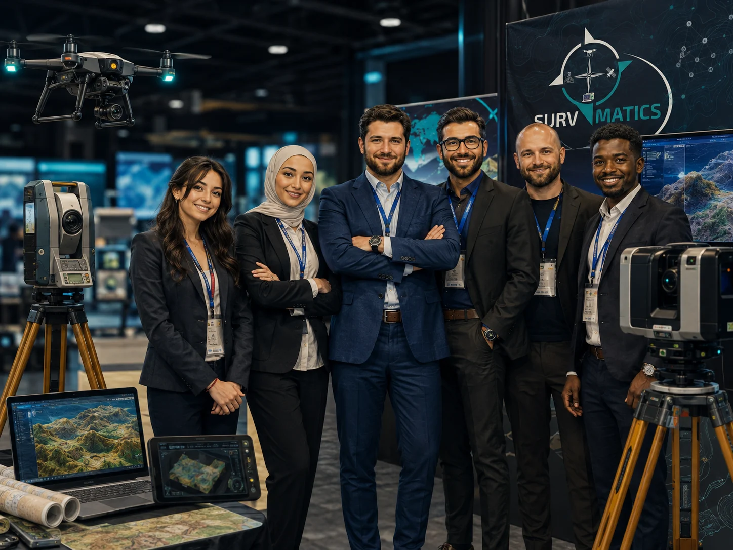 Illustrative SURVMATICS geospatial technology team and surveying equipment